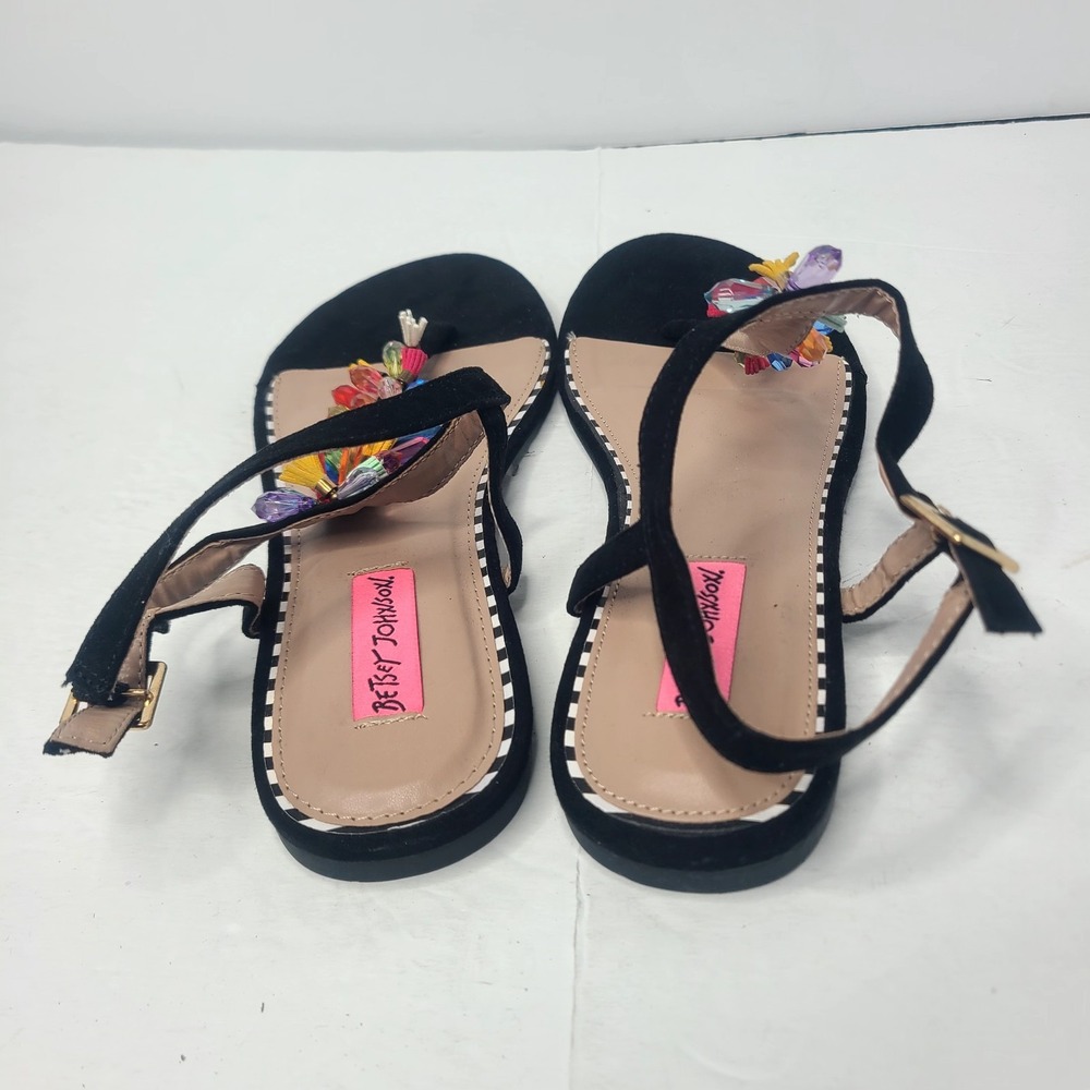 Betsey Johnson Colorful Gemstone T-Strap Flat Sandals Black Boho Bling 8.5 - Picture 6 of 9